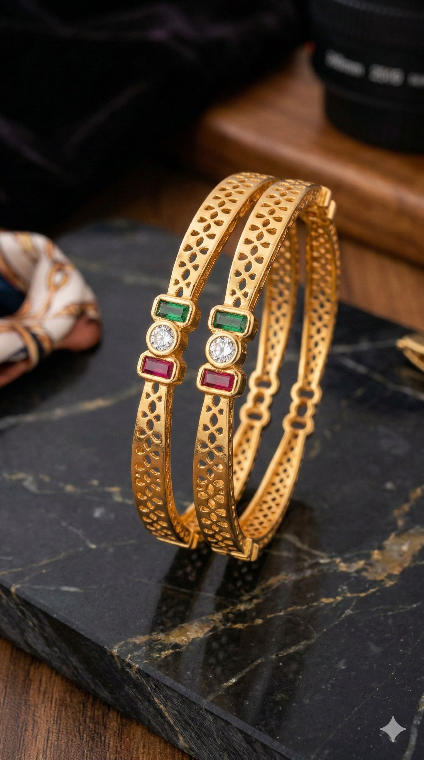 Royal Trinity Micro Gold Plated Ruby & Emerald Stone Designer Bangles (Set Of 2)