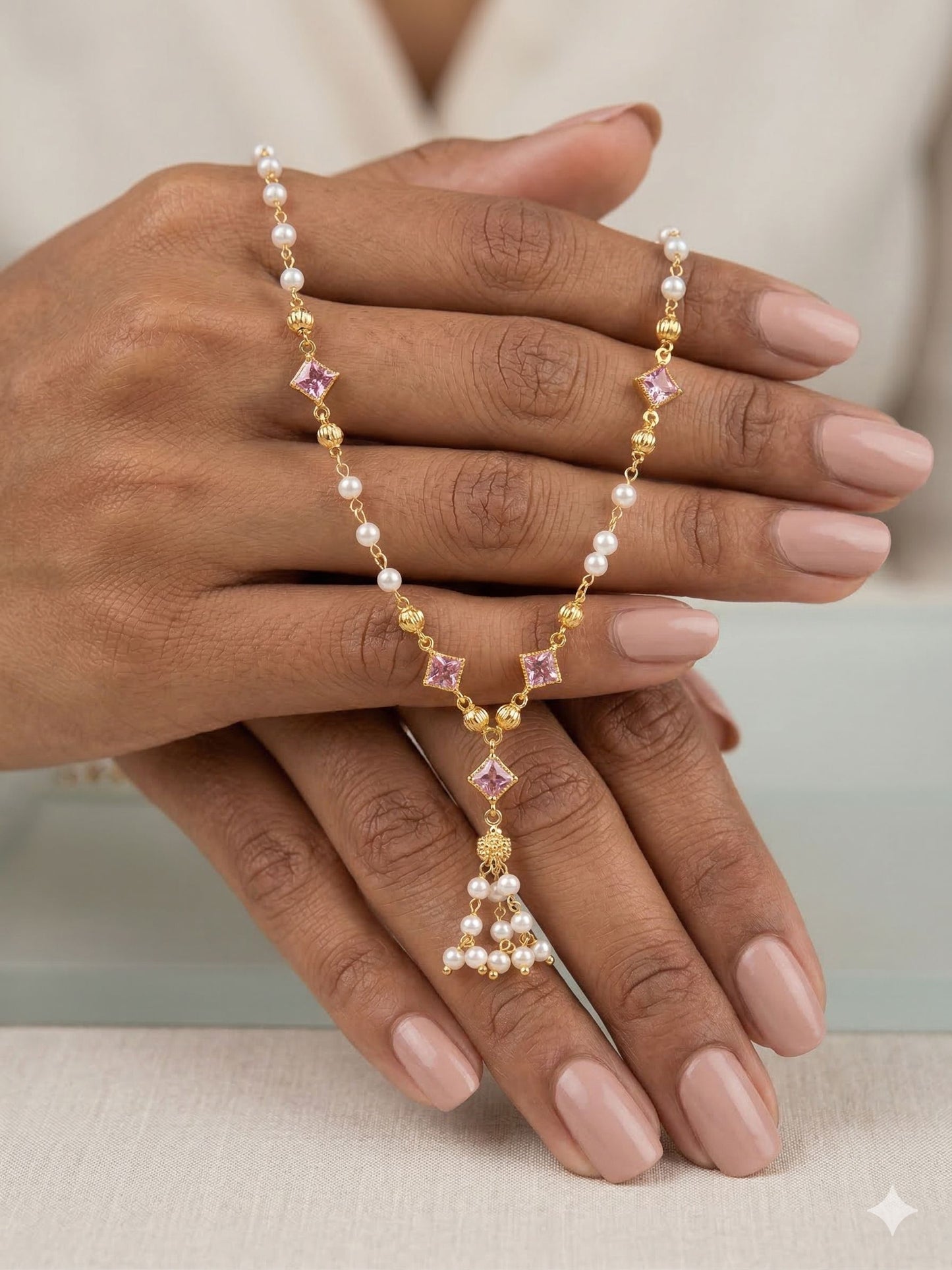Micro Gold Plated Pearl 18 iches Chain with Pink Stone Accents & Elegant Drop