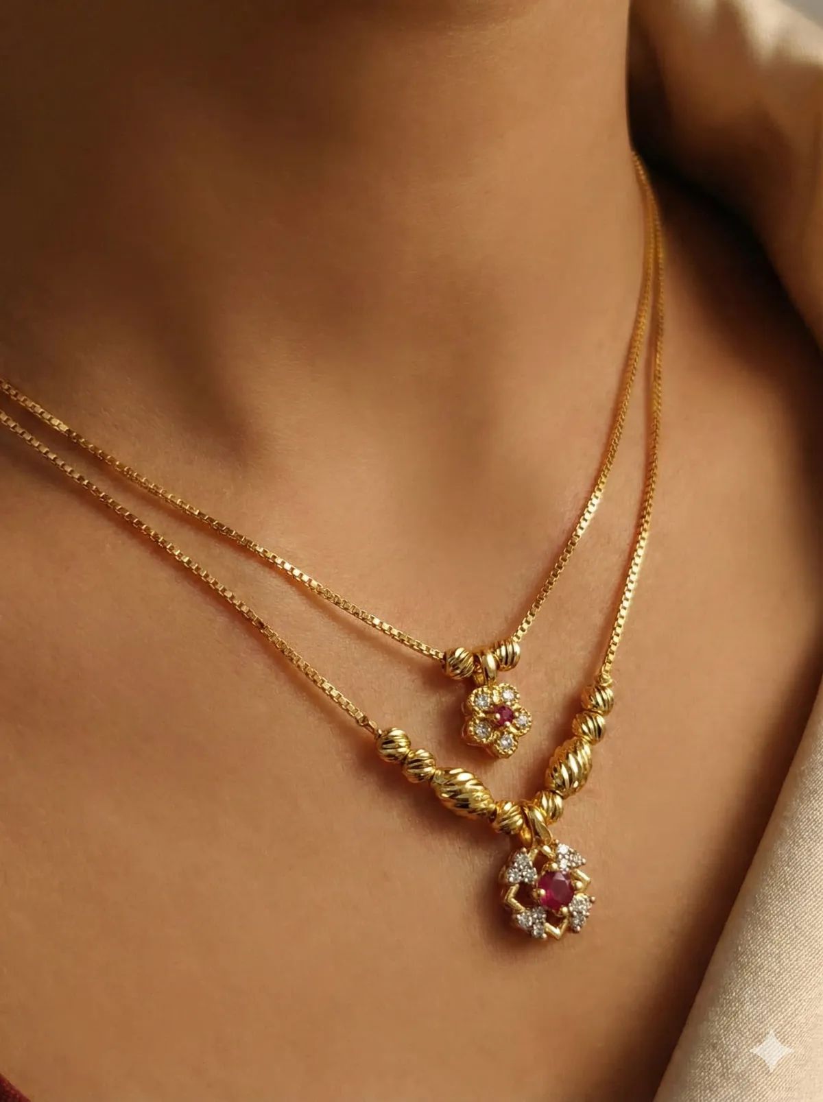 Micro Gold Plated AD Diamond Studded Ruby Floral Dual-Layer Pendant Necklace