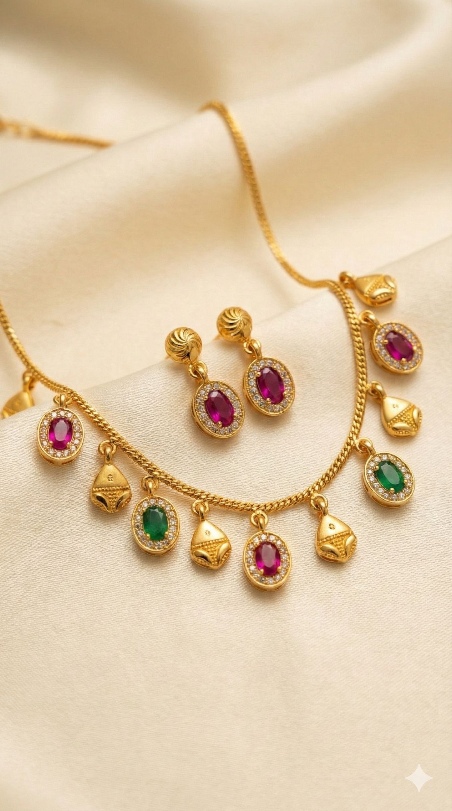 Royal Ruby & Emerald Drop Necklace Set with Matching Earrings – Micro Gold Plated Traditional Jewelry
