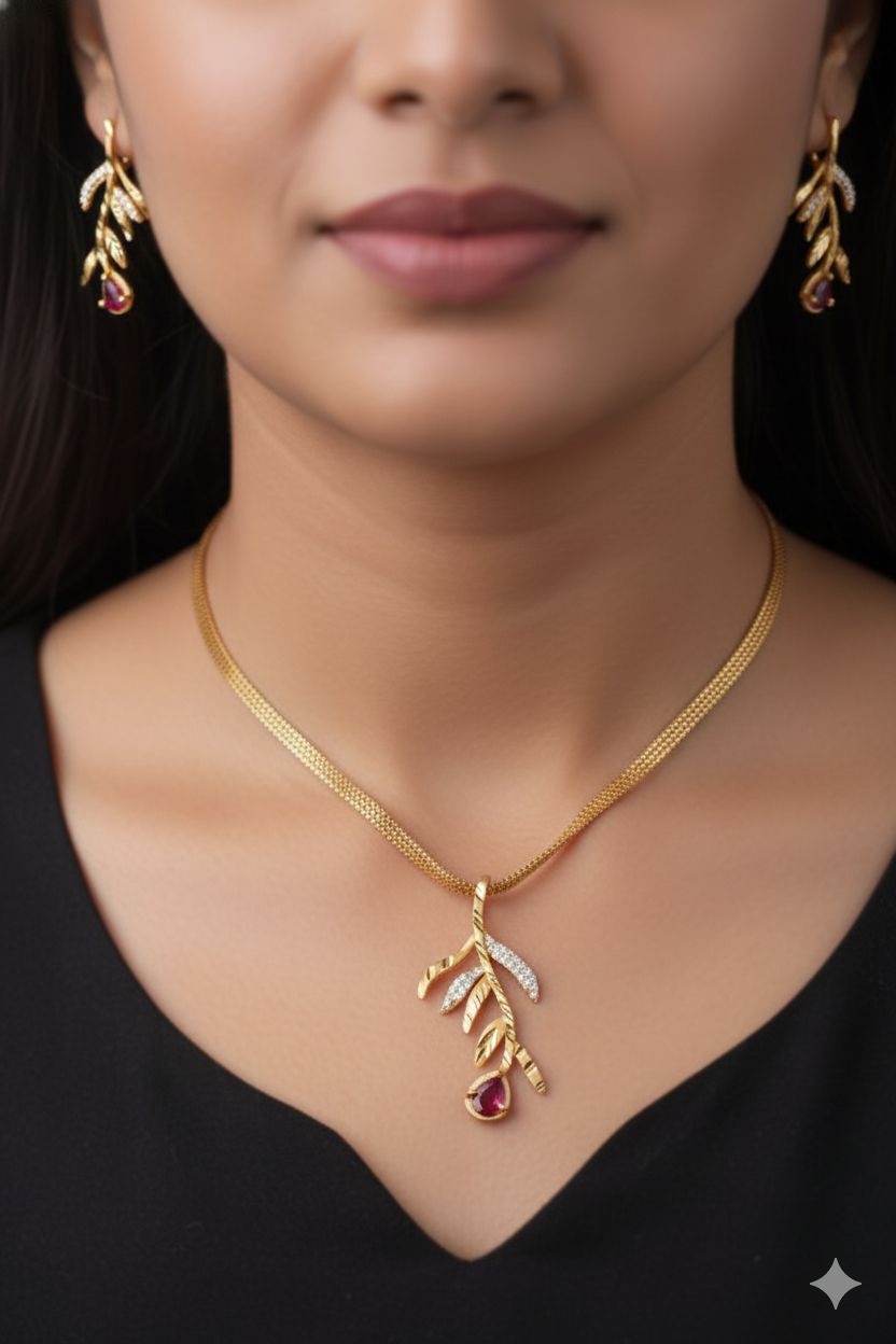Micro Gold Plated And Diamond Studded Fancy Leaf Pendant Set with Earring