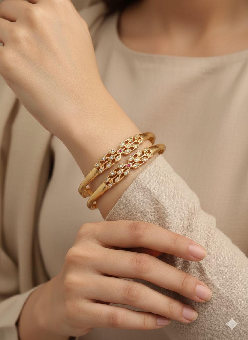 Micro Gold Plated And Diamond Studded Fancy Flower Design Bangle Combo