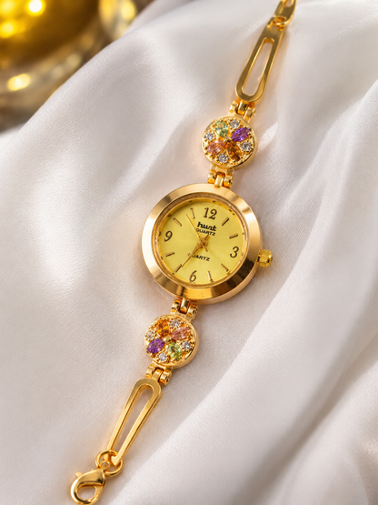 Designer Floral Stone Gold Plated Fancy Watch for Girls & Women