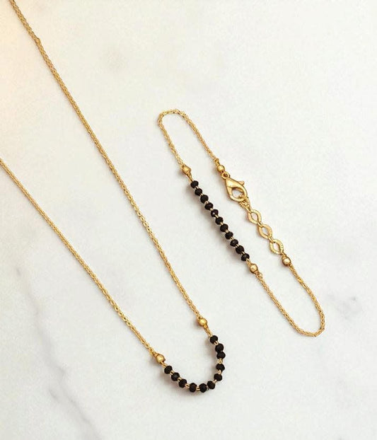 Micro Gold Plated Black Beads Mangalsutra With Matching Hand Mangalsutra – Combo Set