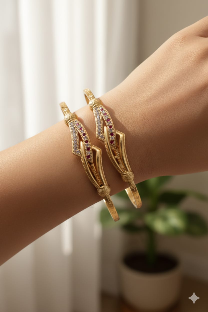 Micro Gold Plated Ad Diamond Studded Fancy Adjustable Kadli Combo – 2 Pairs For Women