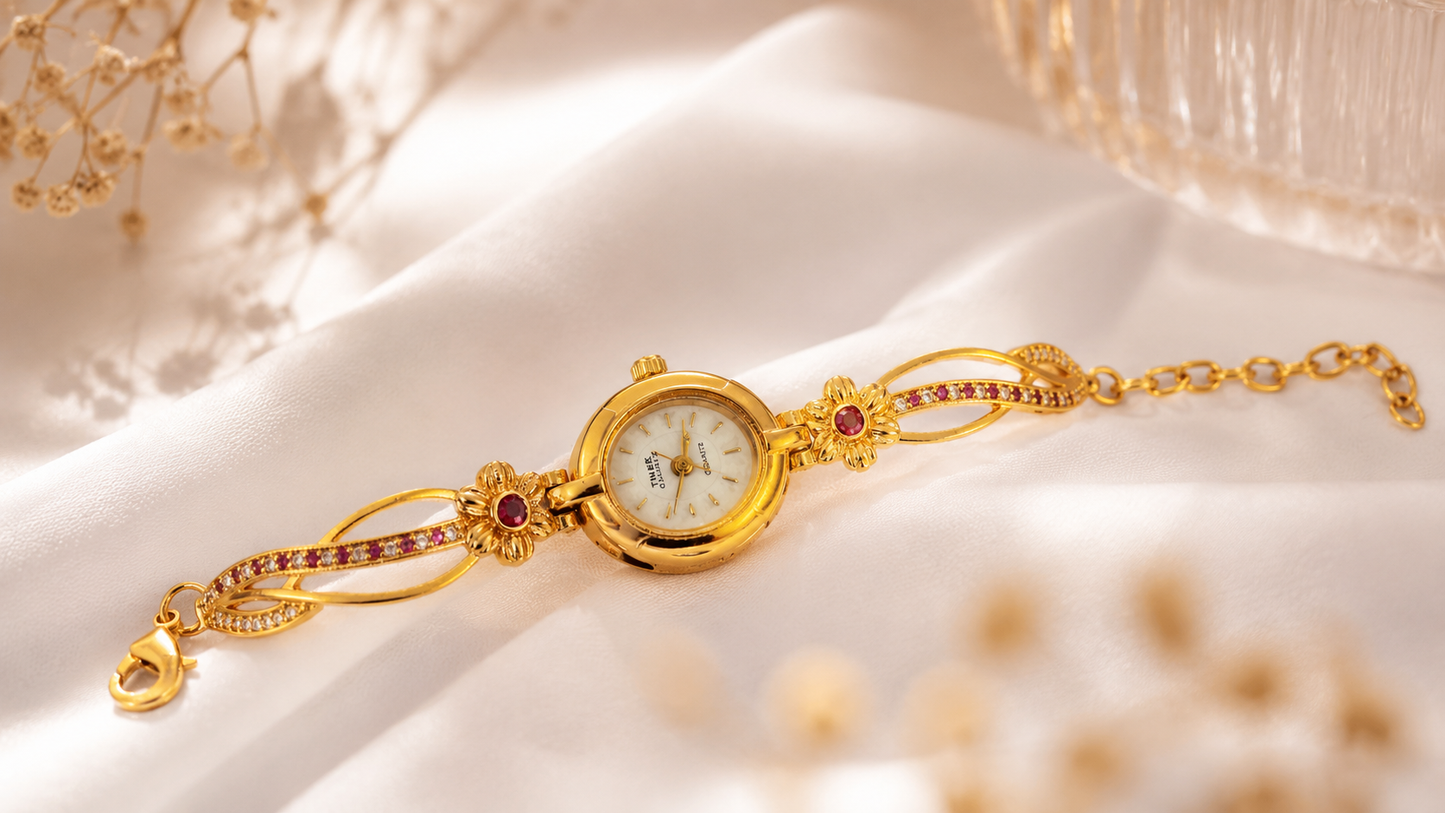 Luxury Floral Design Gold Finish Bracelet Watch for Girls & Women