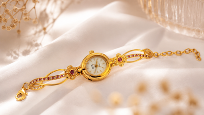 Luxury Floral Design Gold Finish Bracelet Watch for Girls & Women