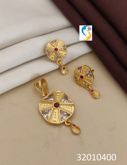 High Gold Plated Ad Diamond Studded Round Pendant With Earrings And Adjustable Ring For Women