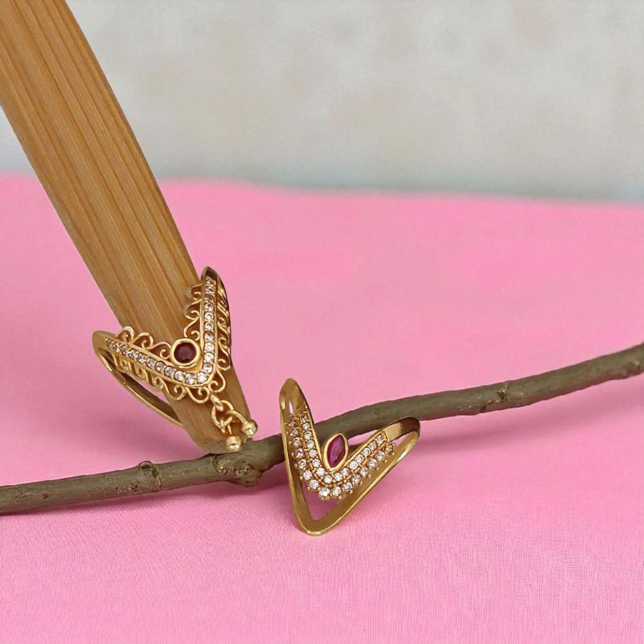 Gold Plated Ad Diamond Studed Fancy 2 Pcs Ring