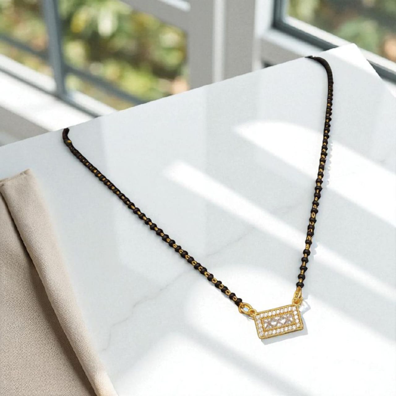 Micro Gold Plated Chowki Stone Studded Fancy Square Mangalsutra For Women