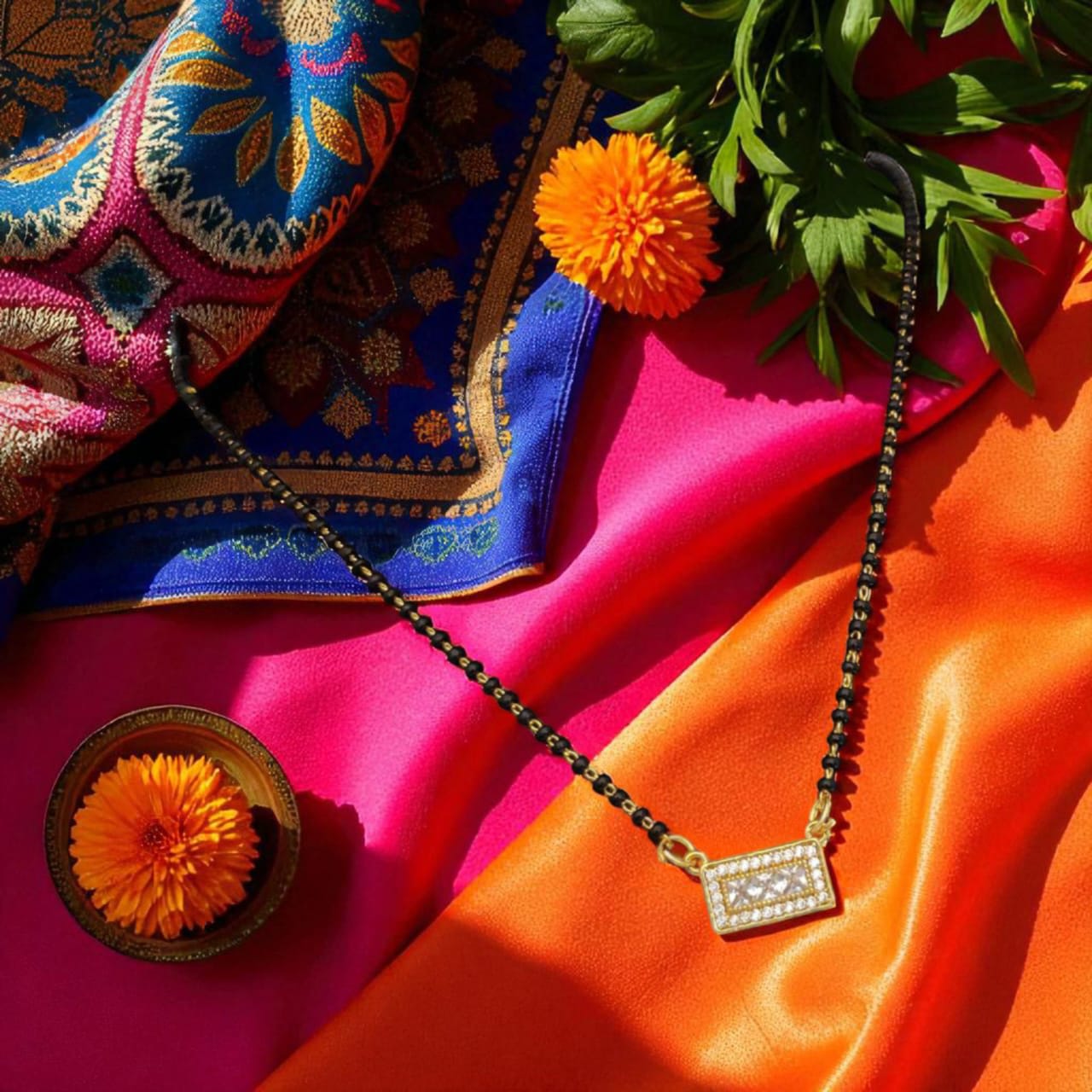 Micro Gold Plated Chowki Stone Studded Fancy Square Mangalsutra For Women