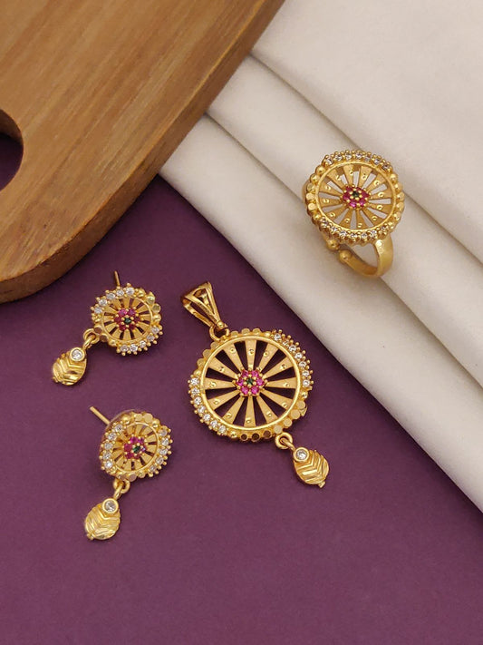 3 Month Of Guarantee For AD Diamond Studded High Gold Plated Forming Pendent With Beautiful Earrings + Adjustable Finger Ring (Combo Of Pendent Set With Ring)