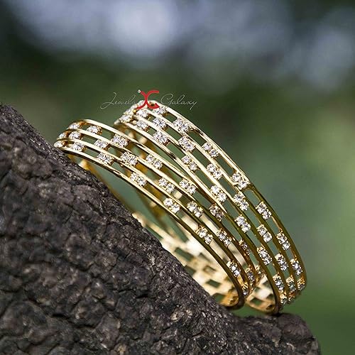 Cz Diamond Studded 3 Line High Gold Plated Bangle Set (2 Pcs)
