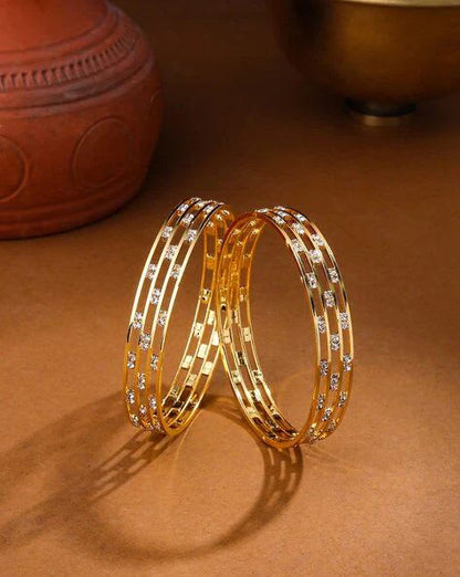 Cz Diamond Studded 3 Line High Gold Plated Bangle Set (2 Pcs)