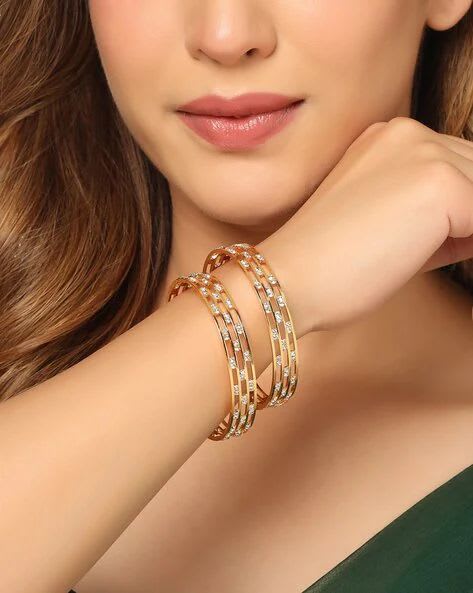 Cz Diamond Studded 3 Line High Gold Plated Bangle Set (2 Pcs)