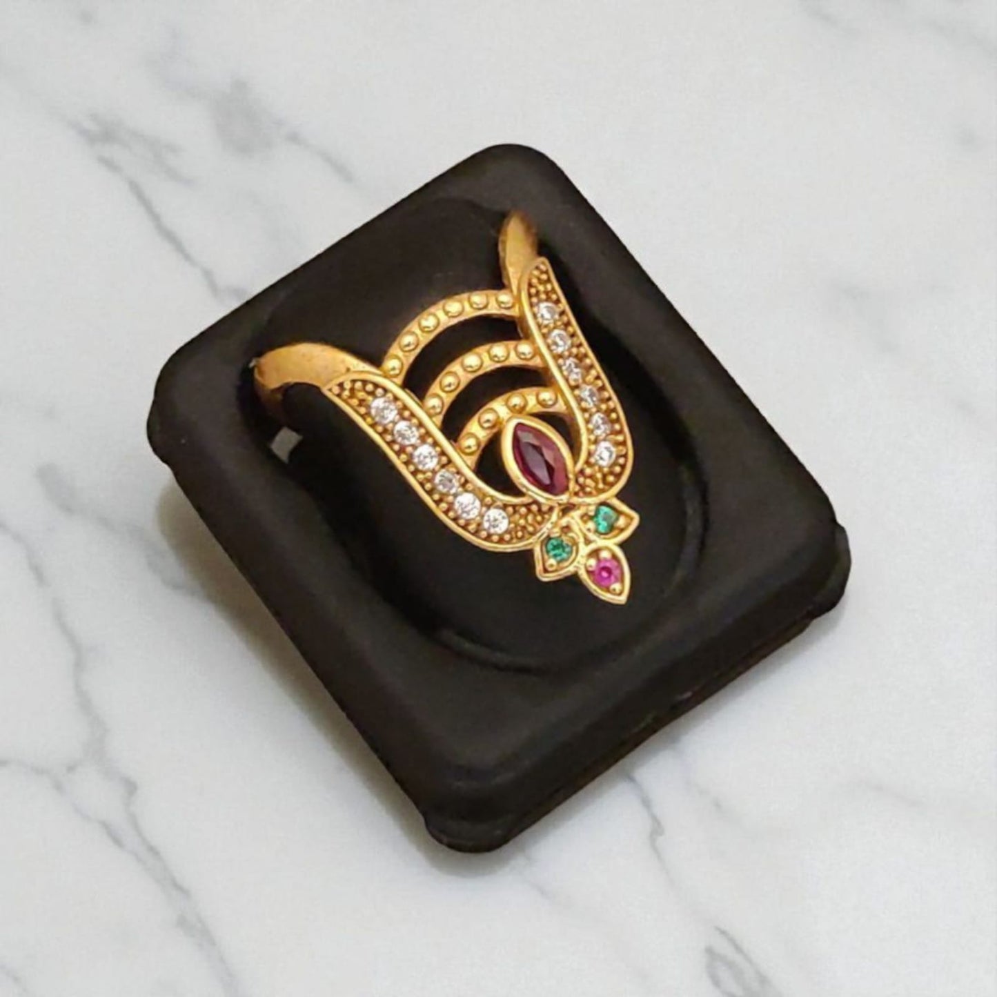 Micro Gold Plated Ad Diamond Studded Adjustable Leaf Ring For Women