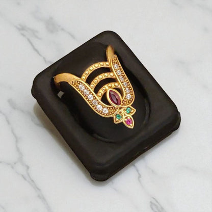 Micro Gold Plated Ad Diamond Studded Adjustable Leaf Ring For Women