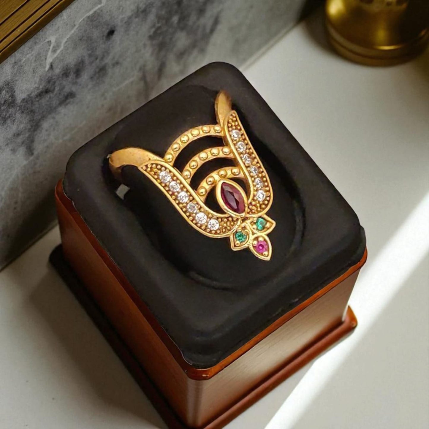 Micro Gold Plated Ad Diamond Studded Adjustable Leaf Ring For Women