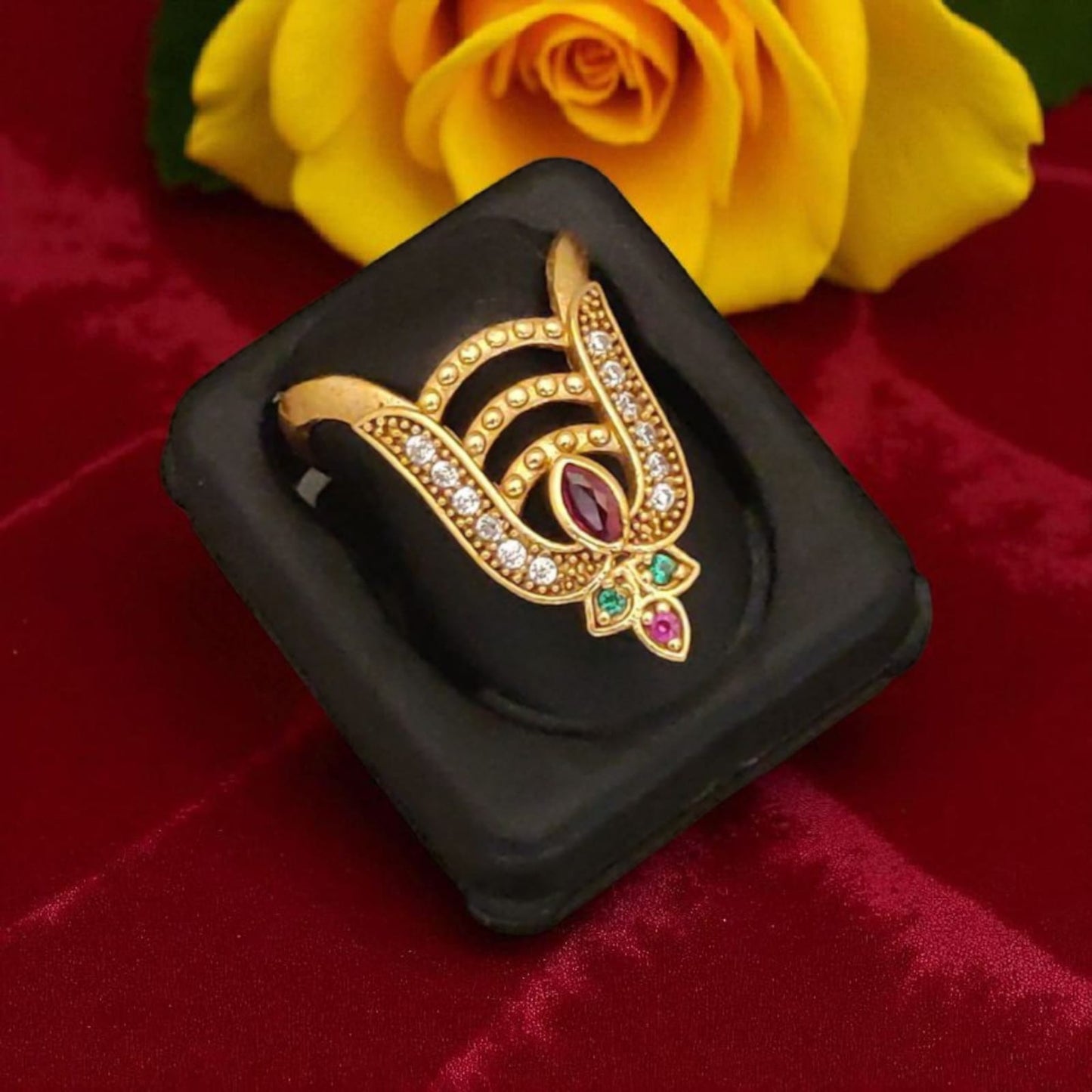 Micro Gold Plated Ad Diamond Studded Adjustable Leaf Ring For Women