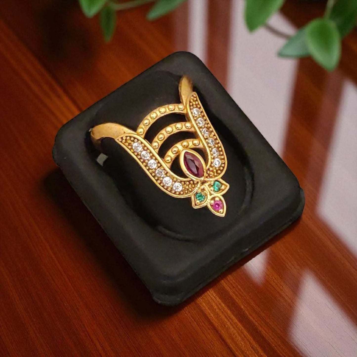 Micro Gold Plated Ad Diamond Studded Adjustable Leaf Ring For Women
