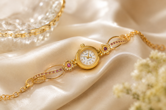 Luxury Floral Design Gold Finish Bracelet Watch for Girls & Women