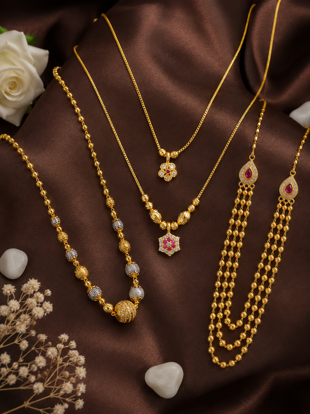 3 chain combo Gold Necklace Collection with Ruby & Diamond Accents
