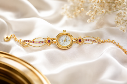 Luxury Floral Design Gold Finish Bracelet Watch for Girls & Women