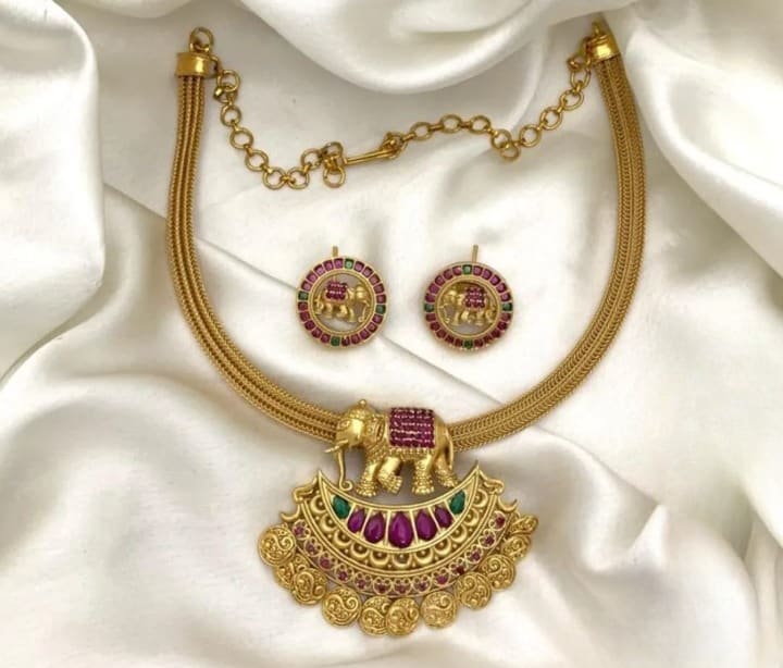 Antique Finish Ruby Stone Studded Elephant Designer Necklace With Earrings