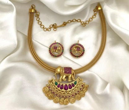 Antique Finish Ruby Stone Studded Elephant Designer Necklace With Earrings