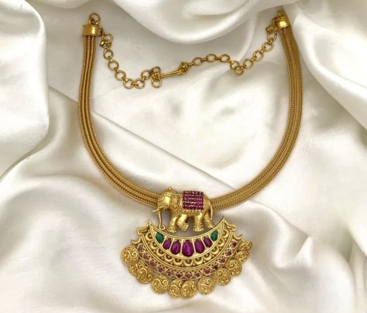 Antique Finish Ruby Stone Studded Elephant Designer Necklace With Earrings