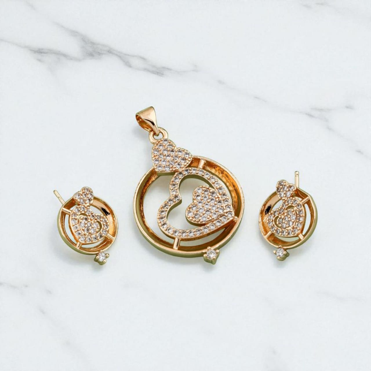 Rose Gold Plated Ad Diamond Studded Fancy Heart Pendant With Earrings