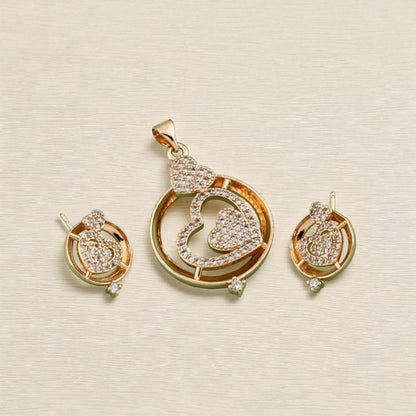 Rose Gold Plated Ad Diamond Studded Fancy Heart Pendant With Earrings