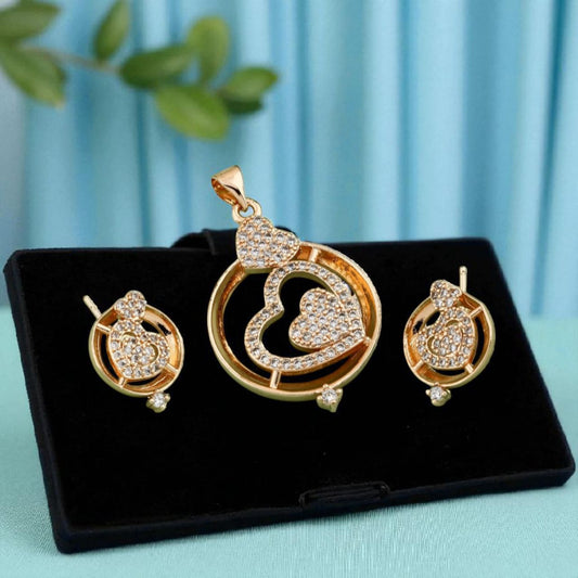 Rose Gold Plated Ad Diamond Studded Fancy Heart Pendant With Earrings