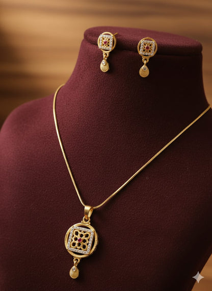 Gold Plated Square Floral Pendant Set With Chain And Earrings
