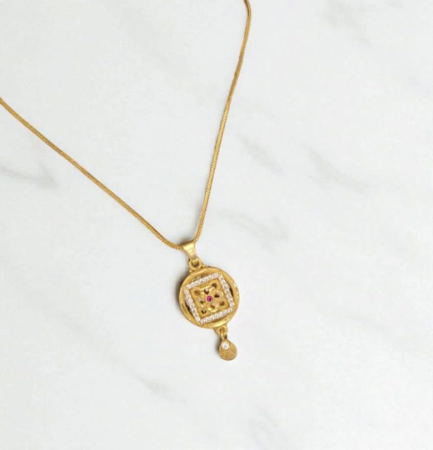 Gold Plated Square Floral Pendant Set With Chain And Earrings