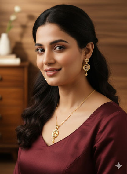 Gold Plated Square Floral Pendant Set With Chain And Earrings