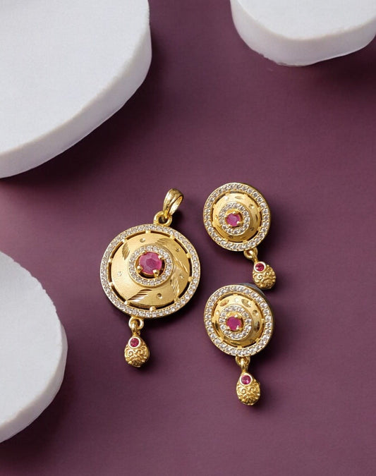 High Gold Plated Stunning American Diamond And Pink Diamond Studded Forming Designer Beautiful Round Pendent Set