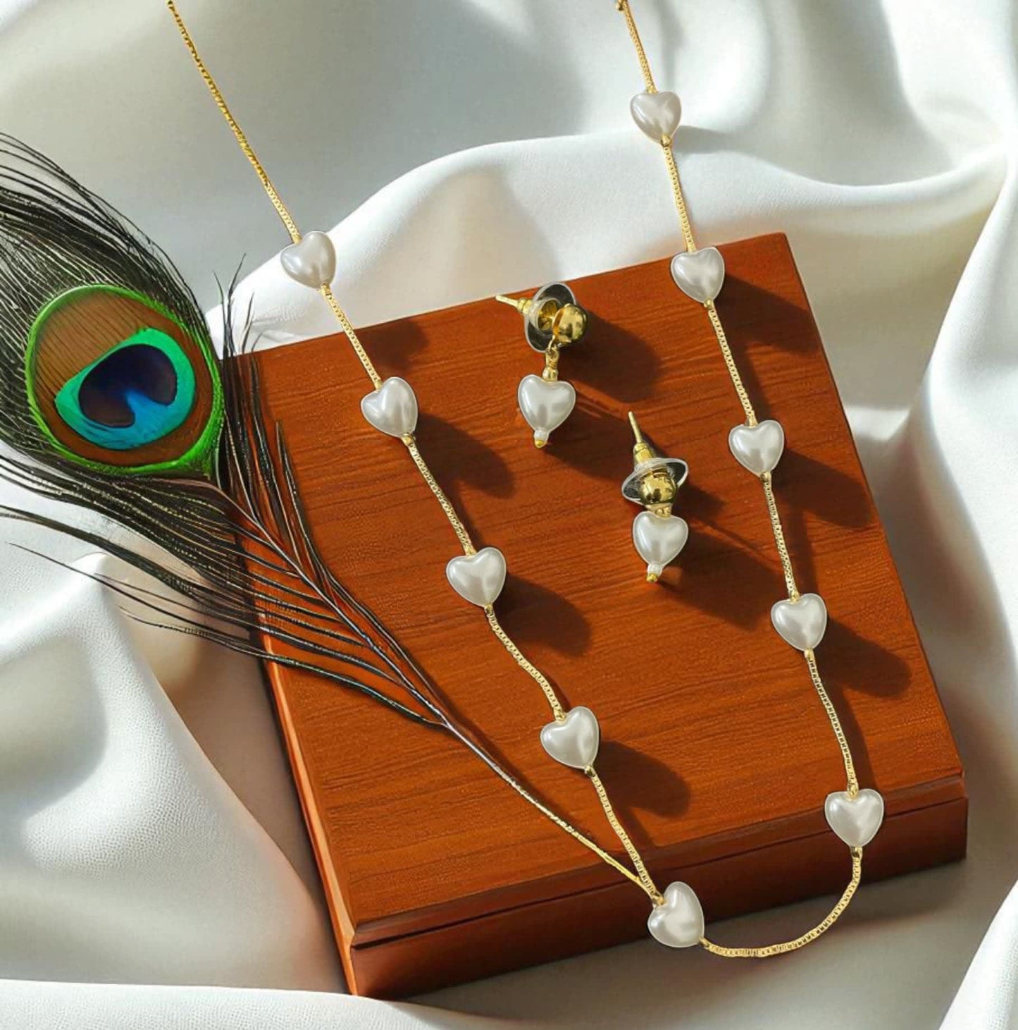 Micro Gold Plated Daily Wear Fancy Pearl Heart Chain With Earrings For Women