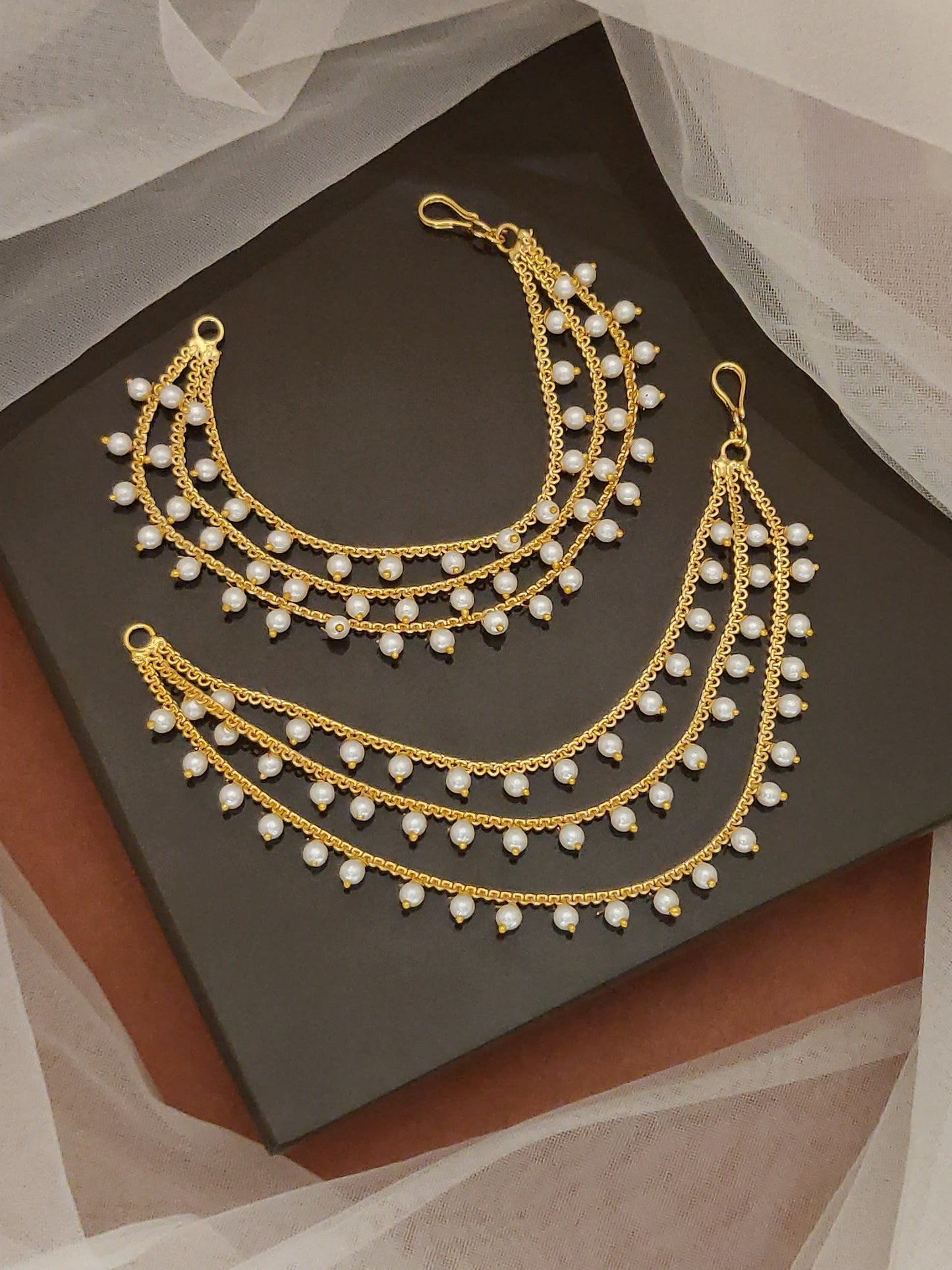 Ethnic Wear Gold Plated Pearl Drop 3 Line Ear Chain Set for Women