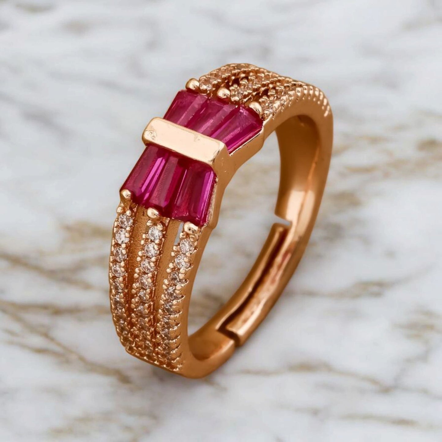 Rose Gold Plated Ad Diamond Studded Fancy 3 Line Adjustable Ring