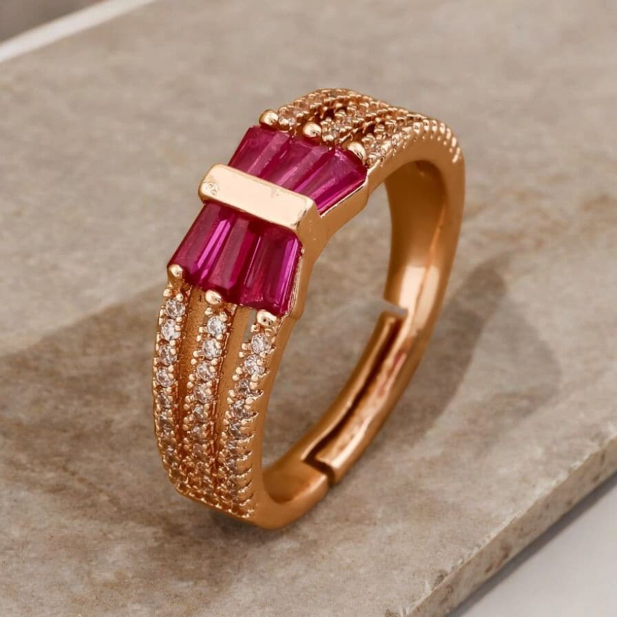 Rose Gold Plated Ad Diamond Studded Fancy 3 Line Adjustable Ring