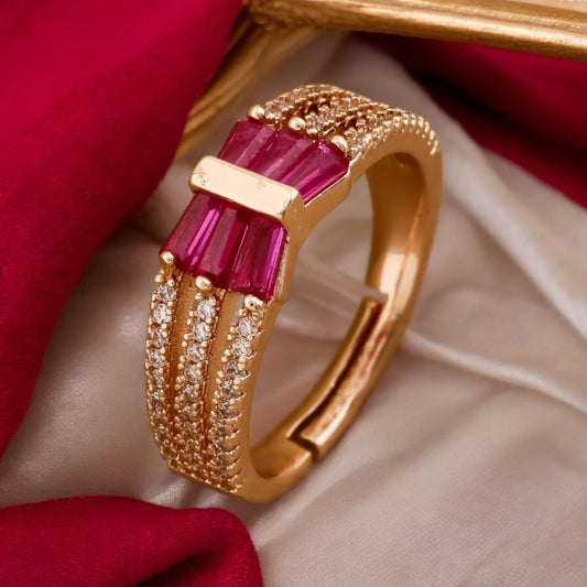 Rose Gold Plated Ad Diamond Studded Fancy 3 Line Adjustable Ring