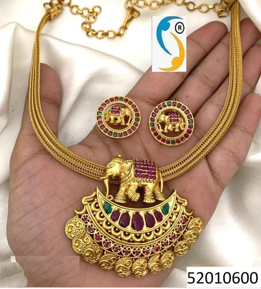 Antique Finish Ruby Stone Studded Elephant Designer Necklace With Earrings