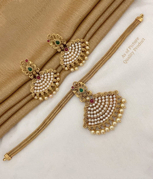 Antique Finish Stunning Elegant Pearls And Ruby Studded Women's Ethnic Wear Necklace With Earrings