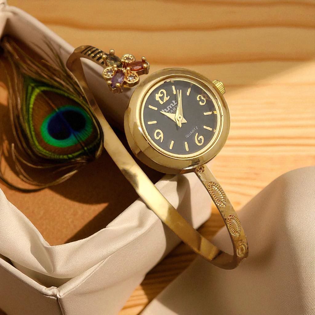 Premium High Gold Plated Ad Diamond Studded Flower Adjustable Black Watch For Women
