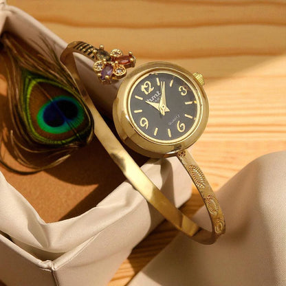 Premium High Gold Plated Ad Diamond Studded Flower Adjustable Black Watch For Women