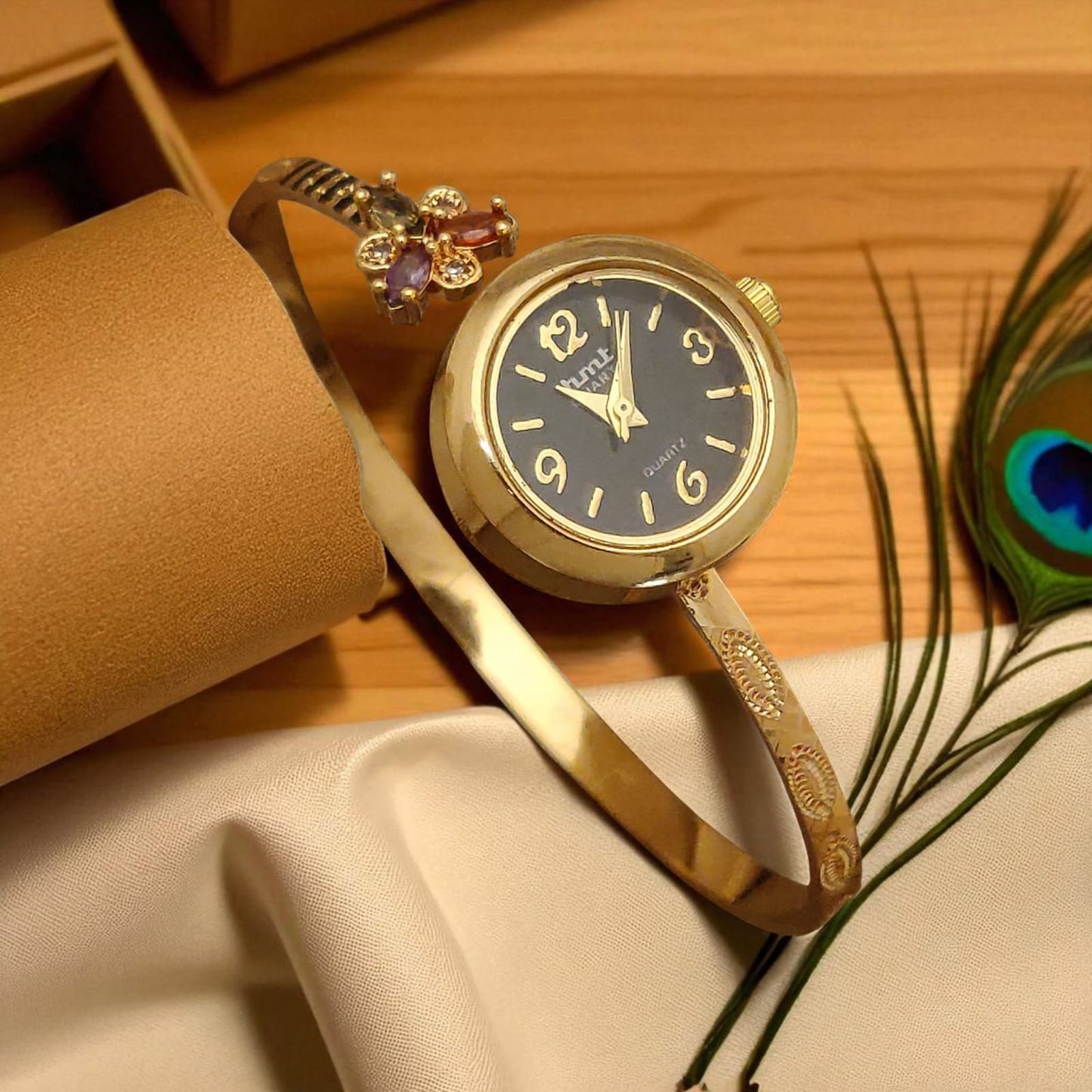 Premium High Gold Plated Ad Diamond Studded Flower Adjustable Black Watch For Women