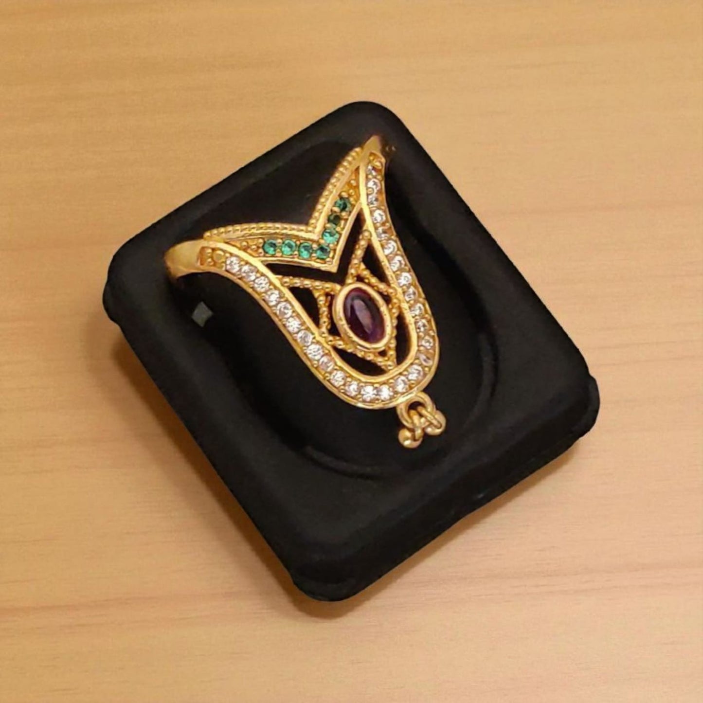 Micro Gold Plated Kemp Stone Studded Adjustable Ring For Women
