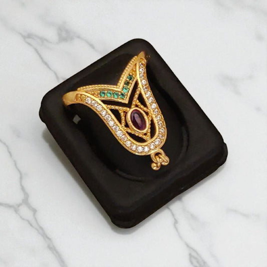 Micro Gold Plated Kemp Stone Studded Adjustable Ring For Women
