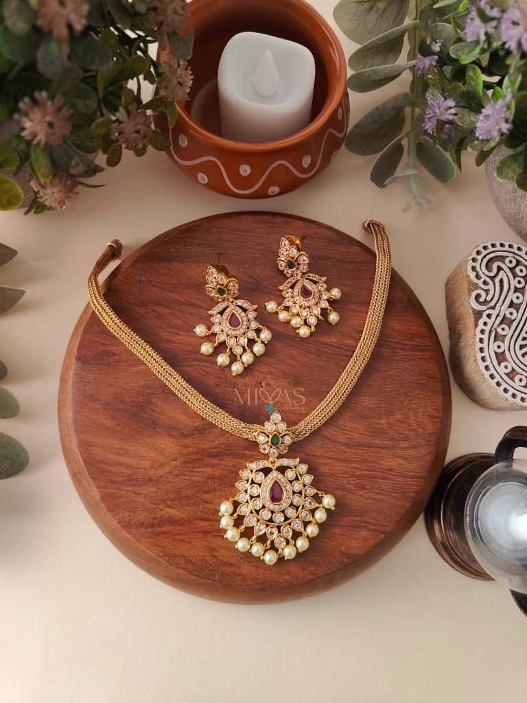 Best Combination Of Pearls & American Diamond With Stunning Ruby Stone Studded Ethnic Wear Antique Finish Beautiful Necklace With Earrings